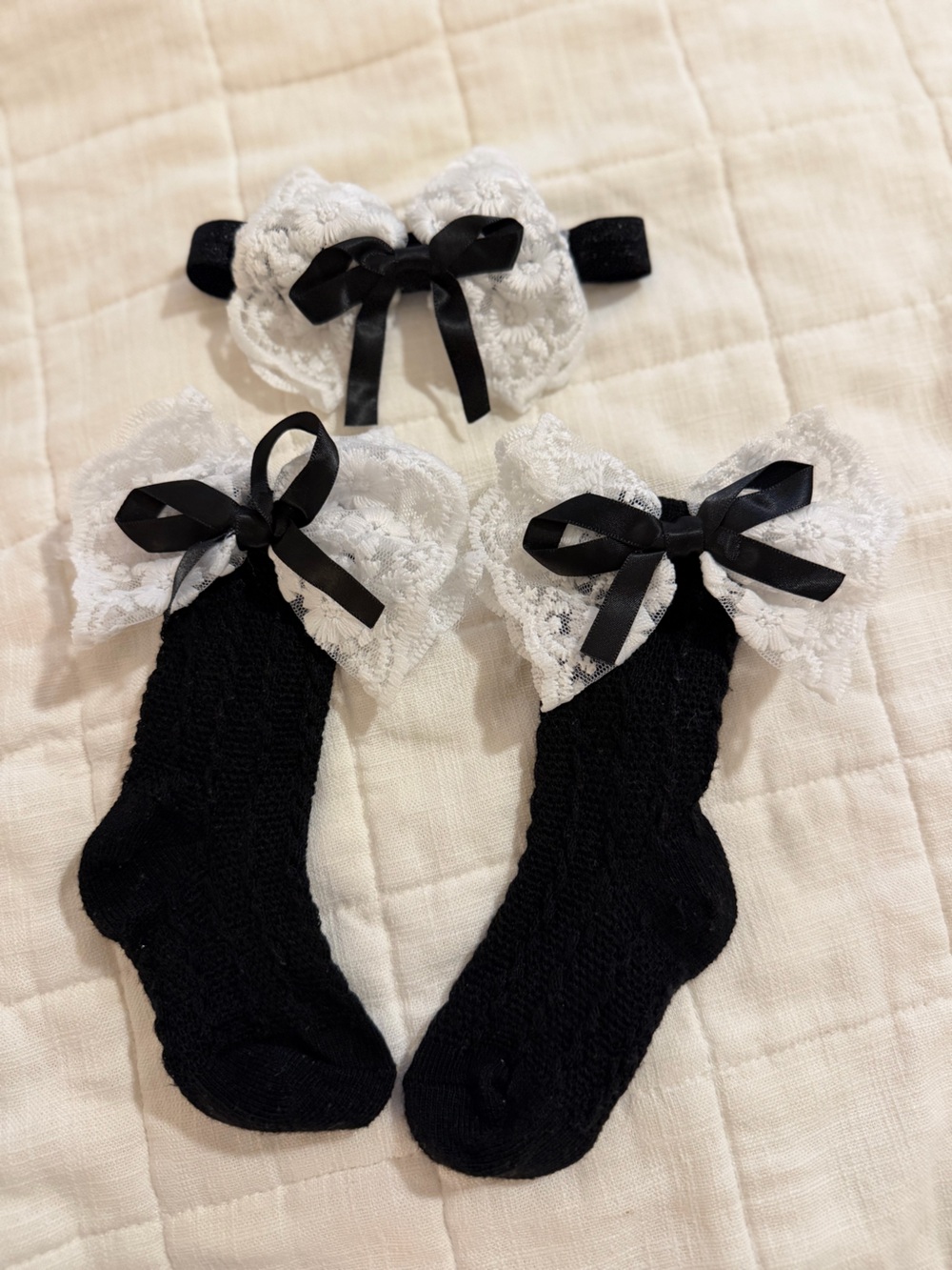 Black Lace-Trim Ankle Socks with Satin Bow